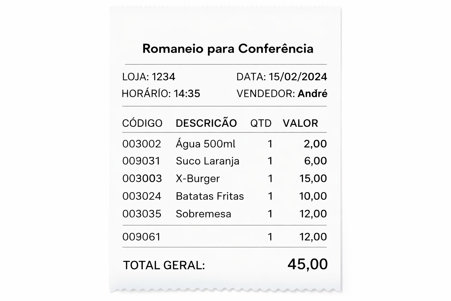 Romaneio para conferência